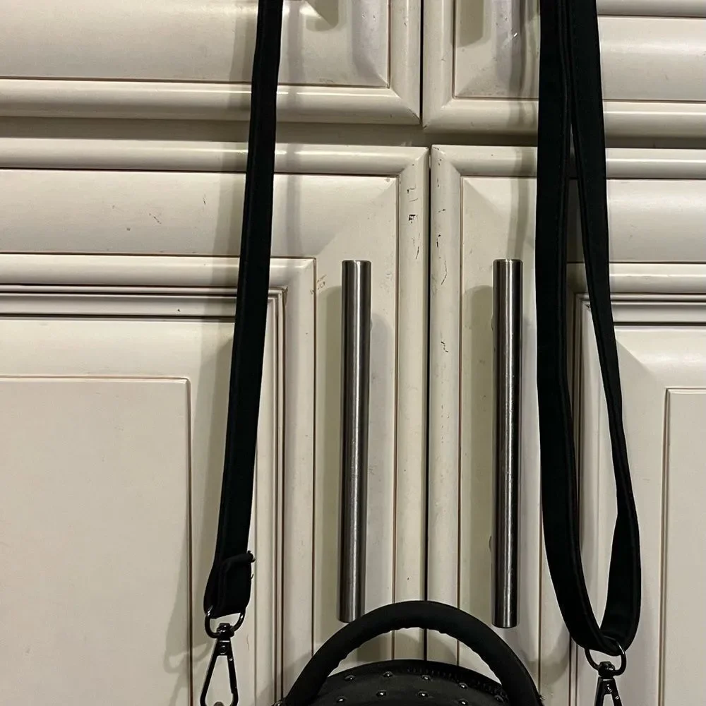 Engraved Studded round crossbody black bucket bag
